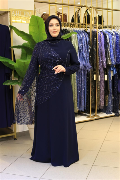 5208 KOD KENDİNDEN PULLU PELERİNLİ ELBİSE LACİVERT