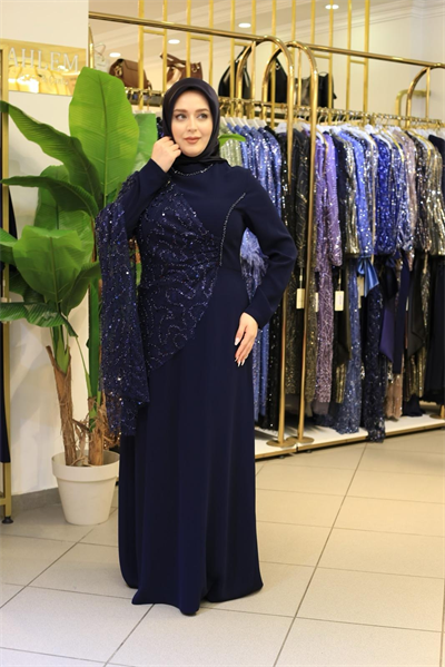 5208 KOD KENDİNDEN PULLU PELERİNLİ ELBİSE LACİVERT