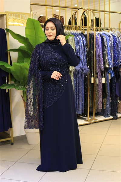 5208 KOD KENDİNDEN PULLU PELERİNLİ ELBİSE LACİVERT