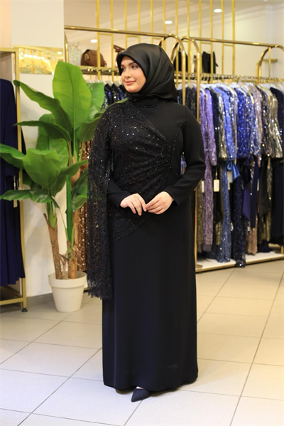 5208 KOD KENDİNDEN PULLU PELERİNLİ ELBİSE SİYAH