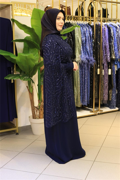 5208 KOD KENDİNDEN PULLU PELERİNLİ ELBİSE LACİVERT