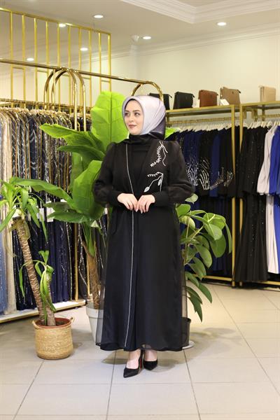 5214 KOD ORGANZE ÖNÜ TAŞLI KEMERLİ ABAYA