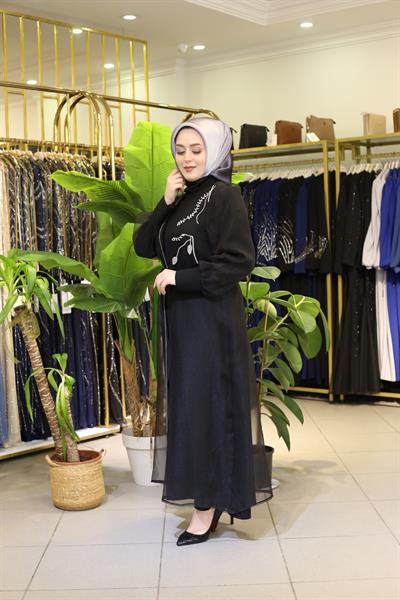 5214 KOD ORGANZE ÖNÜ TAŞLI KEMERLİ ABAYA