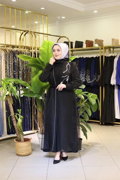 5214 KOD ORGANZE ÖNÜ TAŞLI KEMERLİ ABAYA
