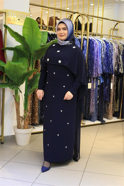 5219 KOD PAPATYA TAŞLI PELERİNLİ ELBİSE LACİVERT