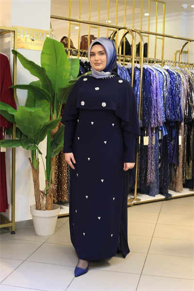 5219 KOD PAPATYA TAŞLI PELERİNLİ ELBİSE LACİVERT