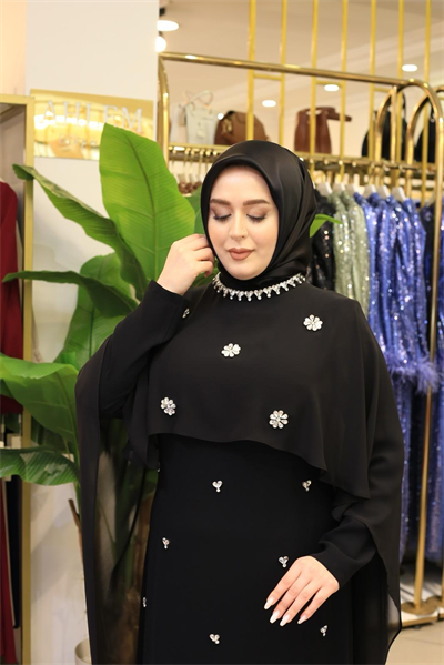 5219 KOD PAPATYA TAŞLI PELERİNLİ ELBİSE SİYAH