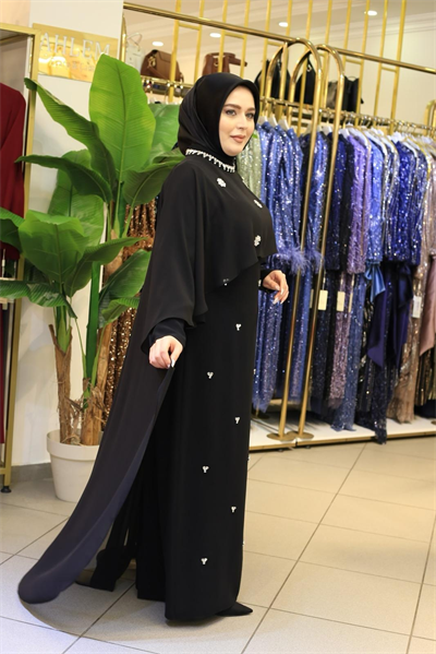 5219 KOD PAPATYA TAŞLI PELERİNLİ ELBİSE SİYAH