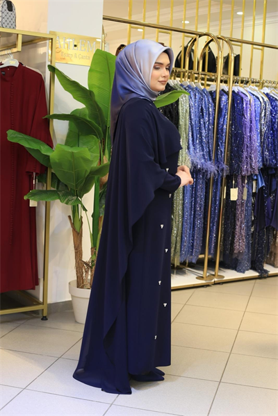 5219 KOD PAPATYA TAŞLI PELERİNLİ ELBİSE LACİVERT