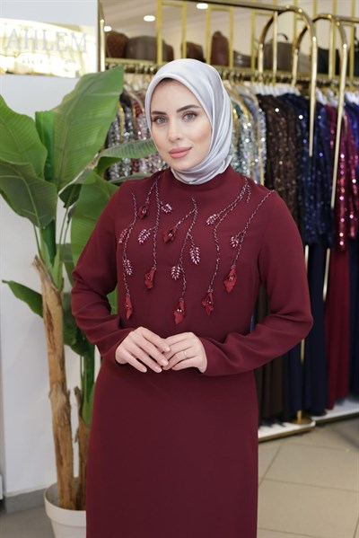 5224 KOD ÇİÇEK VE TAŞ İŞLEMELİ ELBİSE