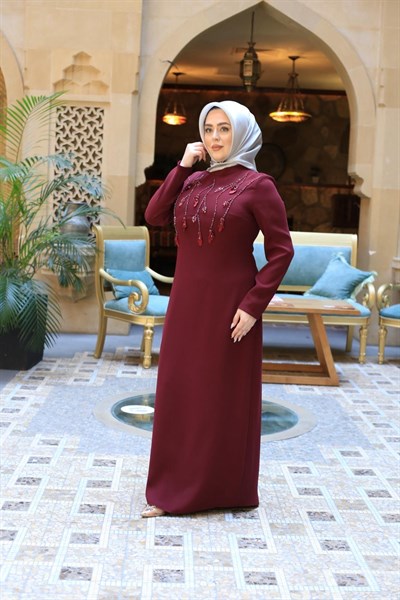 5224 KOD ÇİÇEK VE TAŞ İŞLEMELİ ELBİSE