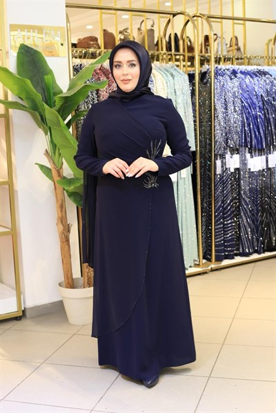 5227 KOD ÖNÜ PİLELİ ŞİFON TAŞLI ELBİSE