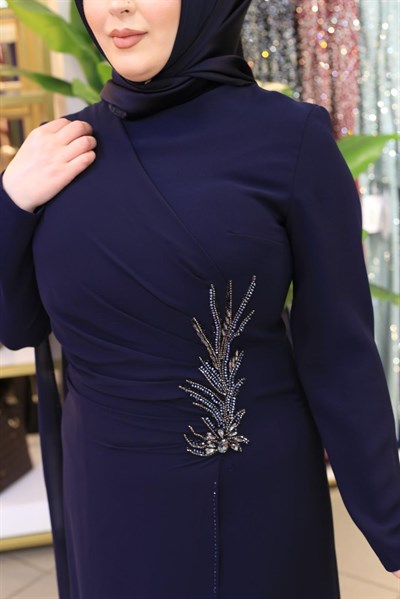 5227 KOD ÖNÜ PİLELİ ŞİFON TAŞLI ELBİSE