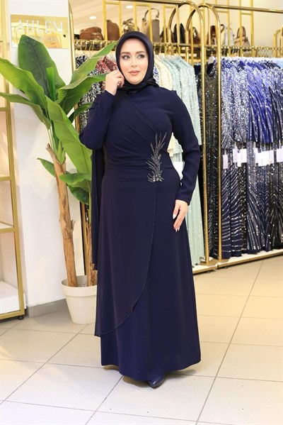5227 KOD ÖNÜ PİLELİ ŞİFON TAŞLI ELBİSE