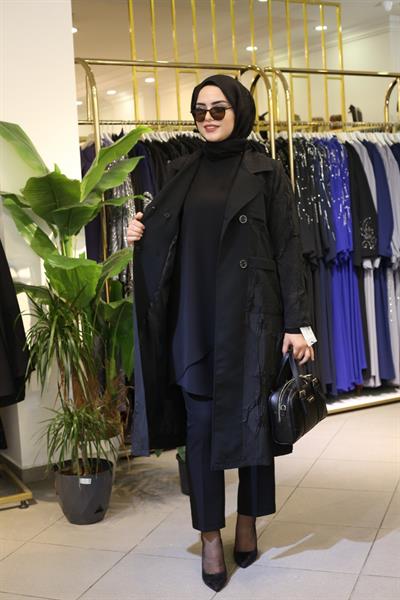 5474 KOD GABARDİN DESEN MEVSİMLİK TRENÇKOT SİYAH