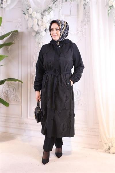 5480 KOD KABARTMALI DESEN MEVSİMLİK TRENÇKOT SİYAH