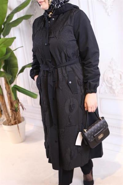 5480 KOD KABARTMALI DESEN MEVSİMLİK TRENÇKOT SİYAH