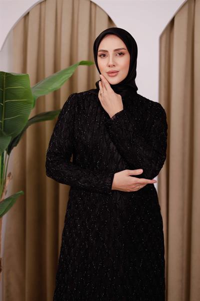 5528 KOD KENDİNDEN SİMLİ ELBİSE SİYAH