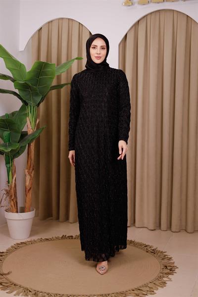 5528 KOD KENDİNDEN SİMLİ ELBİSE SİYAH