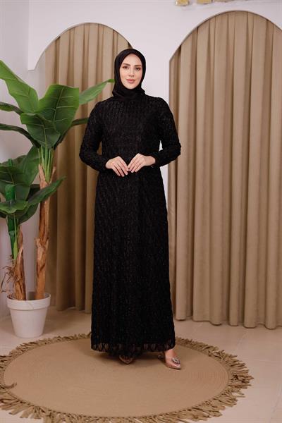 5528 KOD KENDİNDEN SİMLİ ELBİSE SİYAH