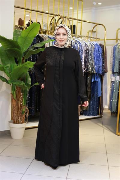 5607 CODE FRONT BEADED BLACK ABAYA