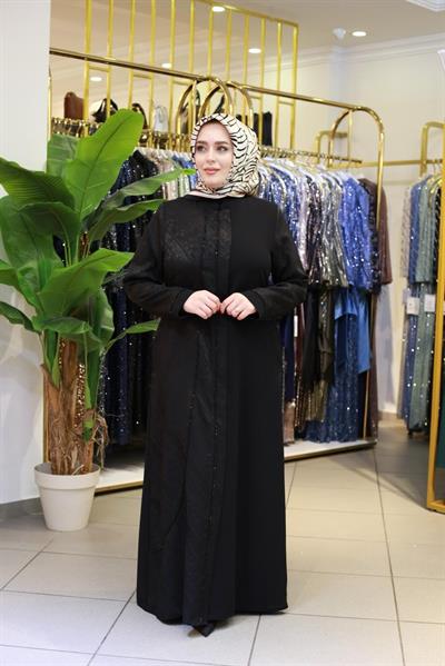 5607 CODE FRONT BEADED BLACK ABAYA