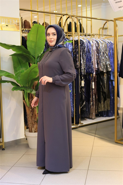 5609 KOD YAKA VE KOL ZİNCİRLİ DETAYLI FERACE GRİ