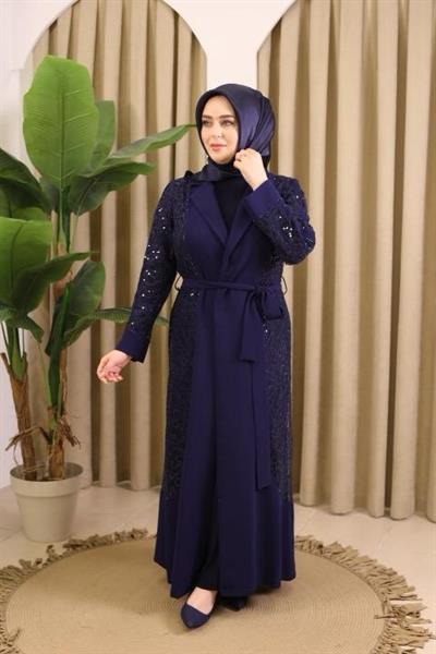 5704 KOD PUL İŞLEMELİ ABAYA TAKIM LACİVERT