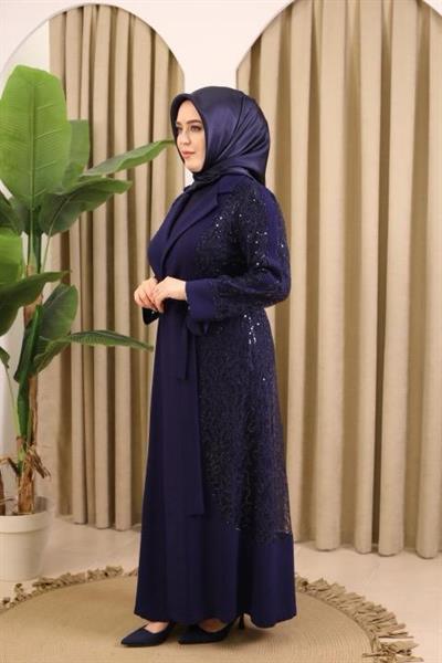 5704 KOD PUL İŞLEMELİ ABAYA TAKIM LACİVERT