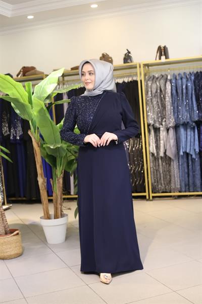 5716 KOD TEK OMUZ PUL İŞLEMELİ ELBİSE LACİVERT