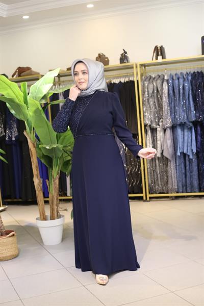 5716 KOD TEK OMUZ PUL İŞLEMELİ ELBİSE LACİVERT