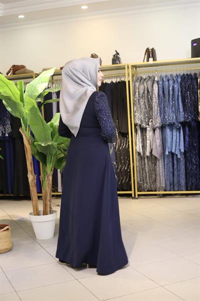 5716 KOD TEK OMUZ PUL İŞLEMELİ ELBİSE LACİVERT