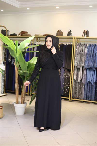 5716 KOD TEK OMUZ PUL İŞLEMELİ ELBİSE SİYAH