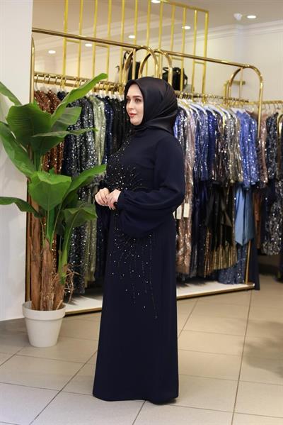 575 KOD YAPRAK DESEN ABİYE ELBİSE LACİVERT