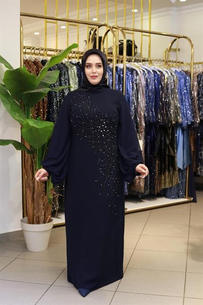 575 KOD YAPRAK DESEN ABİYE ELBİSE LACİVERT