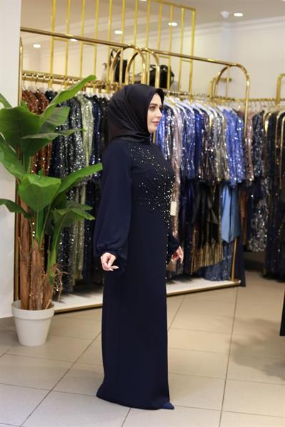 575 KOD YAPRAK DESEN ABİYE ELBİSE LACİVERT