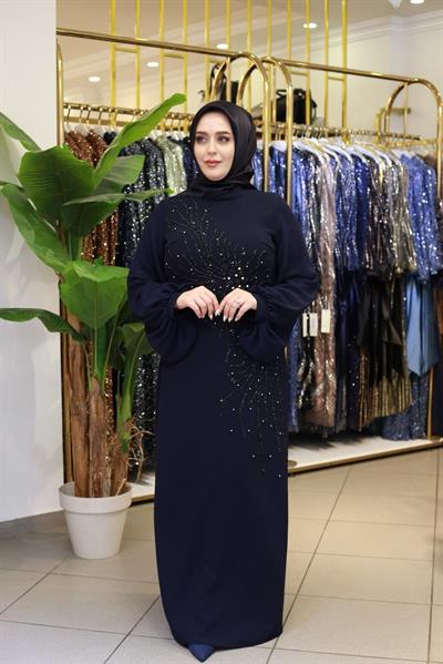 575 KOD YAPRAK DESEN ABİYE ELBİSE LACİVERT