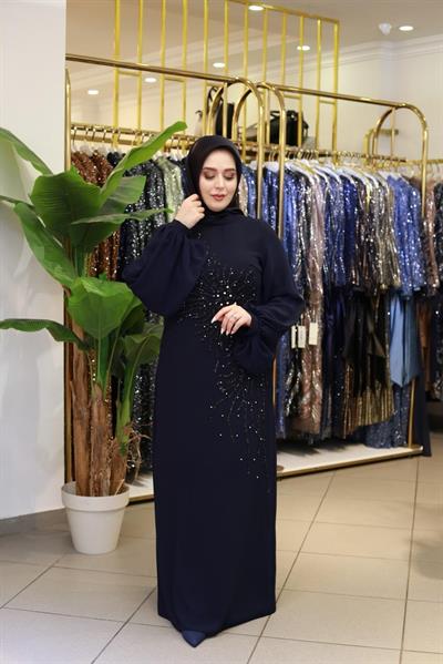 575 KOD YAPRAK DESEN ABİYE ELBİSE LACİVERT