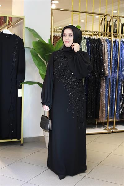 575 KOD YAPRAK DESEN ABİYE ELBİSE SİYAH