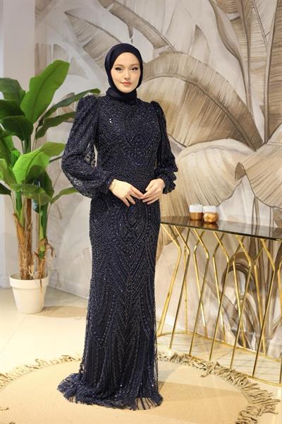 6106 KOD TAŞ BASKILI ABİYE ELBİSE LACİVERT