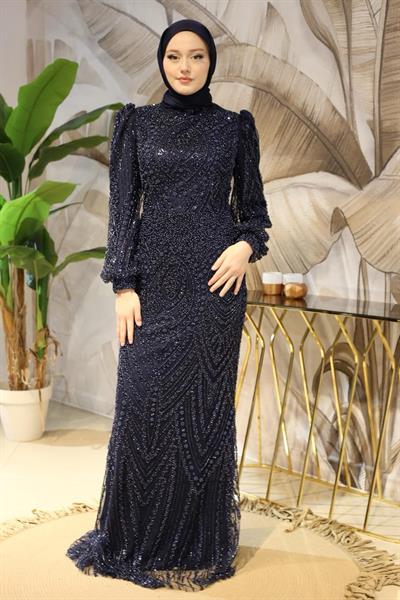 6106 KOD TAŞ BASKILI ABİYE ELBİSE LACİVERT