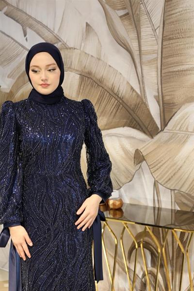 6106 KOD TAŞ BASKILI ABİYE ELBİSE LACİVERT