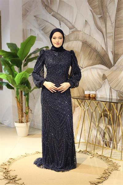 6106 KOD TAŞ BASKILI ABİYE ELBİSE LACİVERT