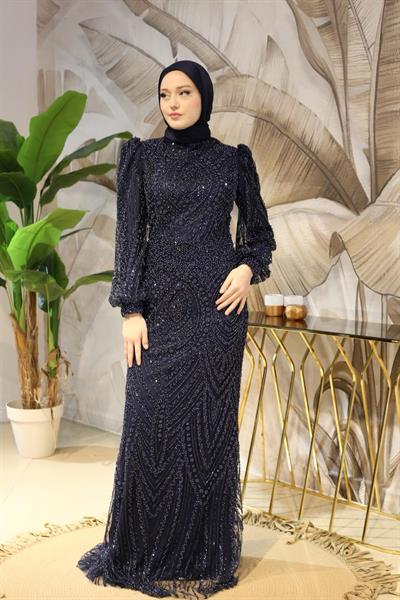 6106 KOD TAŞ BASKILI ABİYE ELBİSE LACİVERT