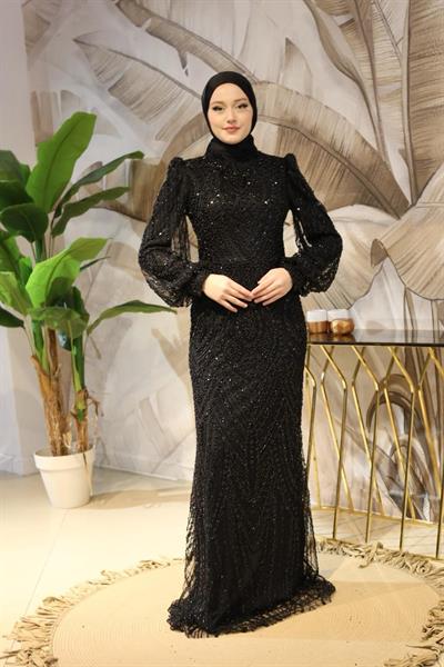 6106 KOD TAŞ BASKILI ABİYE ELBİSE SİYAH