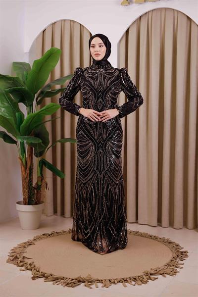 6111 KOD TAŞLI ABİYE ELBİSE SİYAH
