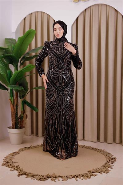 6111 KOD TAŞLI ABİYE ELBİSE SİYAH