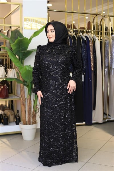 654 KOD KENDİNDEN PUL DESENLİ ABİYE ELBİSE