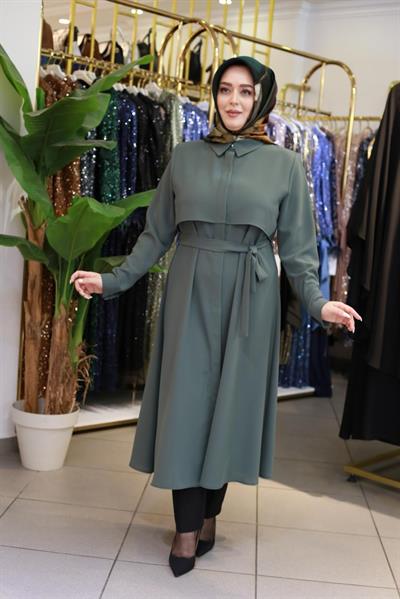 7117 KOD KEMERLİ GÖMLEK DETAYLI TUNİK YEŞİL