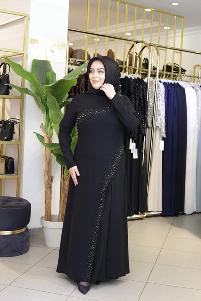 7118 KOD YAKA KISMI TAŞ DETAYLI ELBİSE